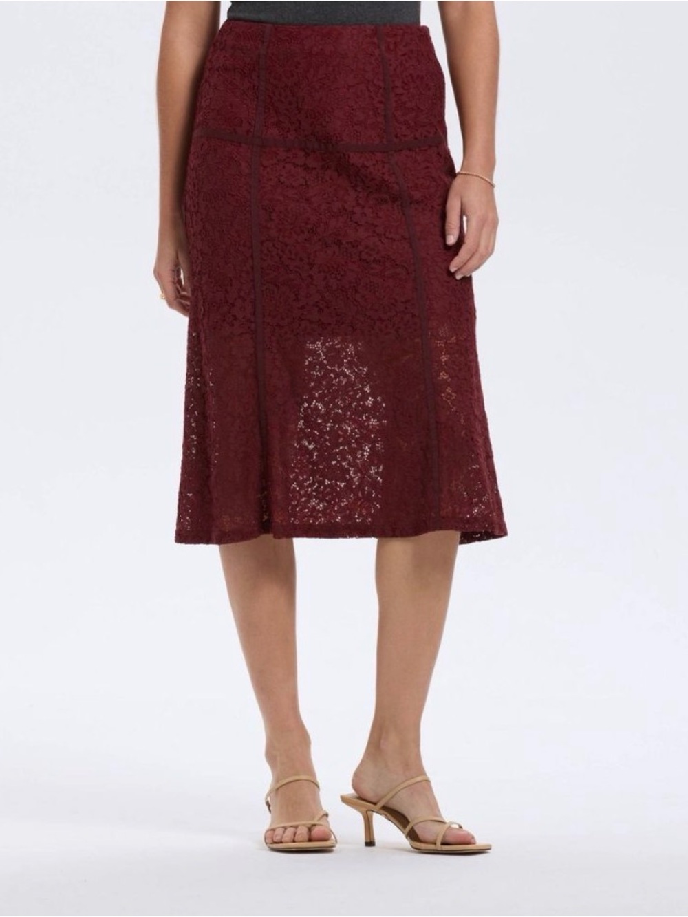 Women’s size large flowy burgundy lace midi skirt with floral pattern